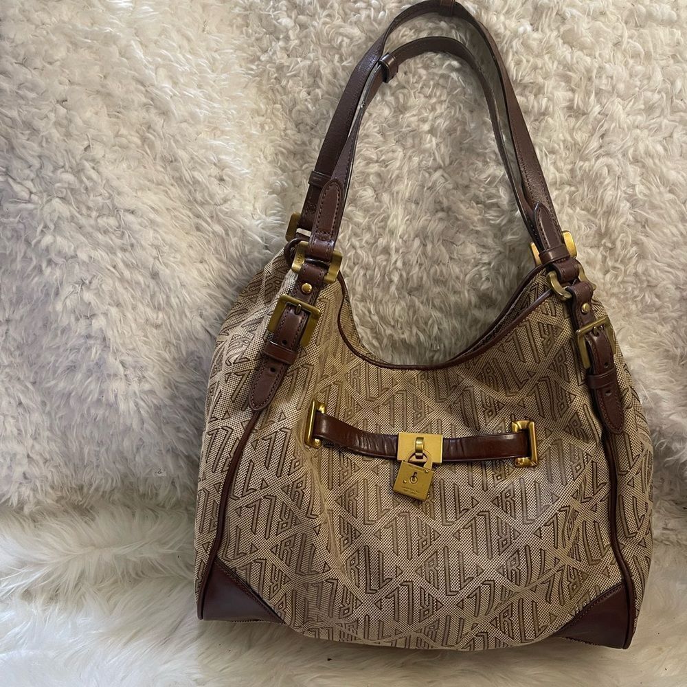 Ralph Lauren Logo Canvas khaki&brown Hobo Bag leather brown straps brass accents